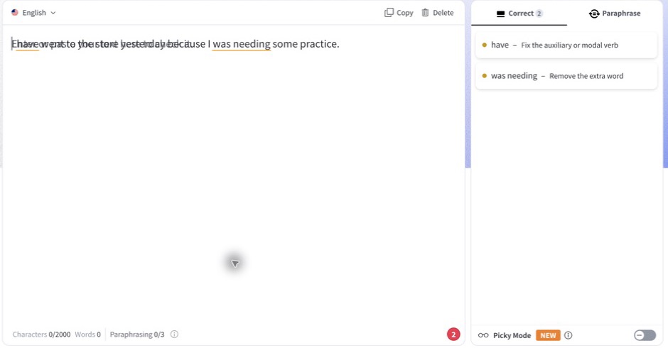 LanguageTool public editor highlighting have and was needing in a short English sentence