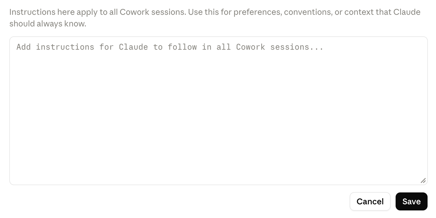 Claude Cowork 全局指令设置界面截图